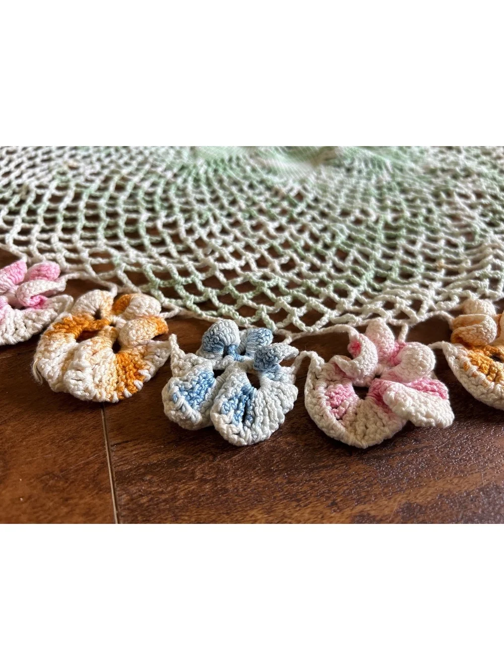 Vintage Handmade Crochet Doily with Colorful Floral Edging